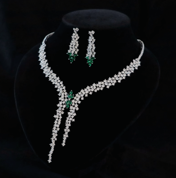 Evening gown paired with a jewelry necklace